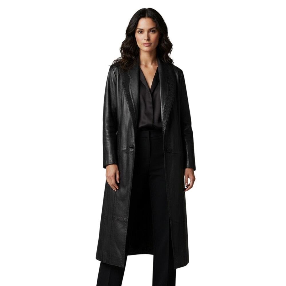 Marco Morani Leather Trench Coat Jacket Womens Size Medium Full Length High-End